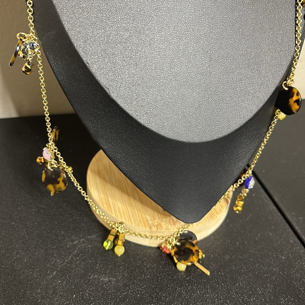 Signed J Crew Gold Tone Dangle Faux Tortoise & Colored Rhinestones Necklace - Picture 2 of 11